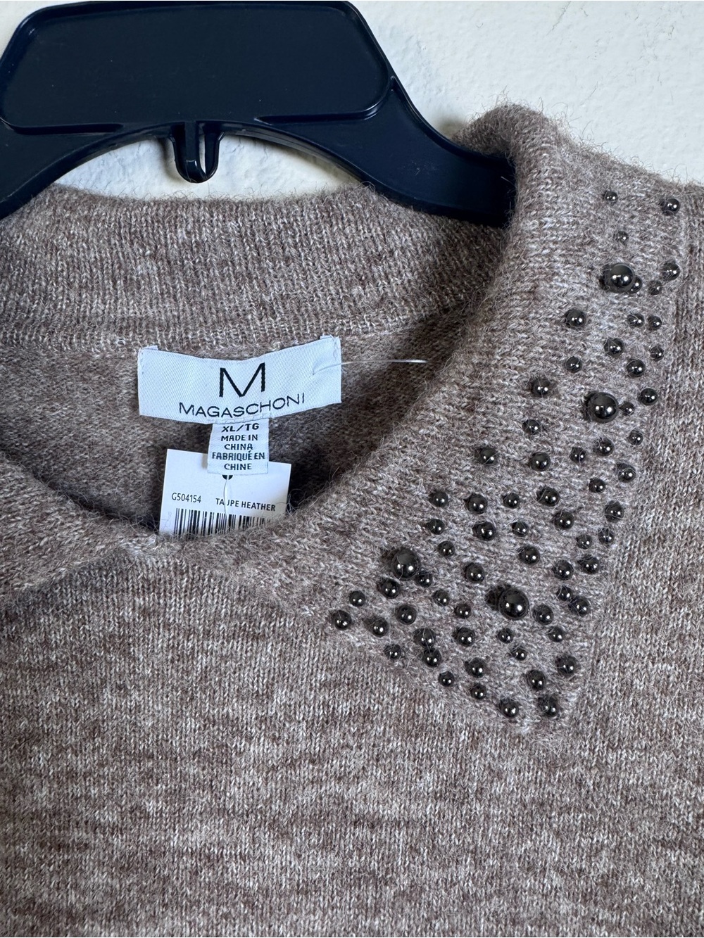 Magaschoni Wool Blend Embellished Collar Sweater Taupe XL NWT - Picture 4 of 8